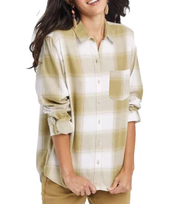 Universal Thread Women's Long Sleeve Flannel Shirt Plaid Button-Up Mustard Small