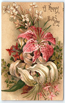 c1910 Tiger & Easter Lily Birthday Embossed International Art Co Postcard UNP