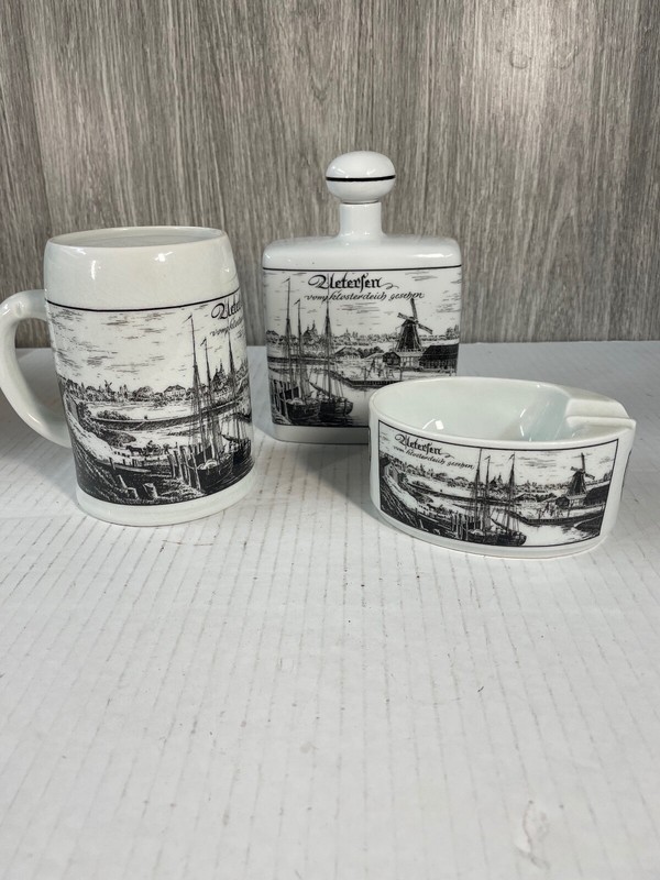 DECANTER MUG & CIGAR ASHTRAY UETERSEN ALTENKUNSTADT GERMAN PORCELAIN vintage