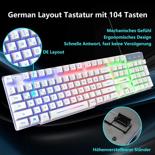 LED Gaming Tastatur Und Maus Set QWERTZ German Layout Regenbogen 2400 DPI Maus - Bild 12 von 21
