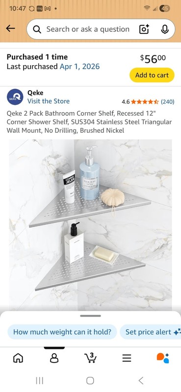 Qeke 2 Pack SUS304 Stainless Steel Corner Shelf, Brushed Nickel, No Drilling