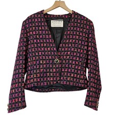 Jaeger London vintage plaid tweed metallic single button blazer, pink black 12