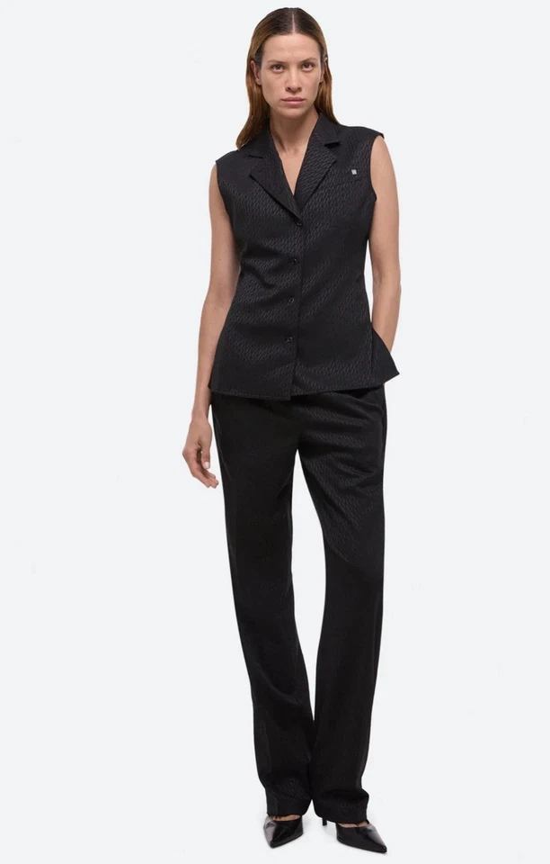 HELMUT LANG Size 6 Sleeveless Modest Vest Black Tonal Jacquard Top $545 - Image 4 of 4