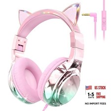 Kids Cat Ear Headphones Wired with Mic, 85/94dB Safe Volume Limit, Cat Pink