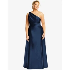 New! Alfred Sung ONE-SHOULDER SATIN MAXI DRESS WITH POCKETS MIDNIGHT Sz 20 $240