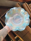 Pretty ICE BLUE Northwood Carnival Glass Embroidered Mums Pattern Bowl