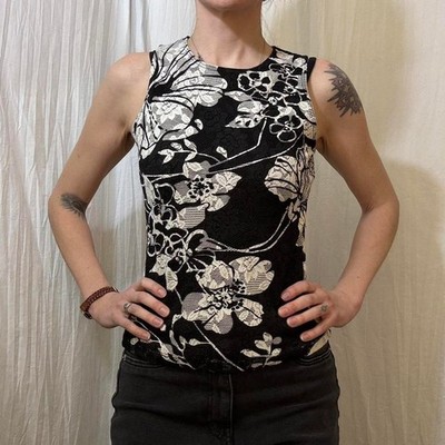 Black and white floral mesh overlay tank top VTG 90s Fashion Bug Sm Whimsygoth
