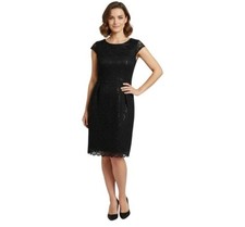 Alex Evenings Cocktail Dress sequined lace overlay tulip Black cap sleeves 12P