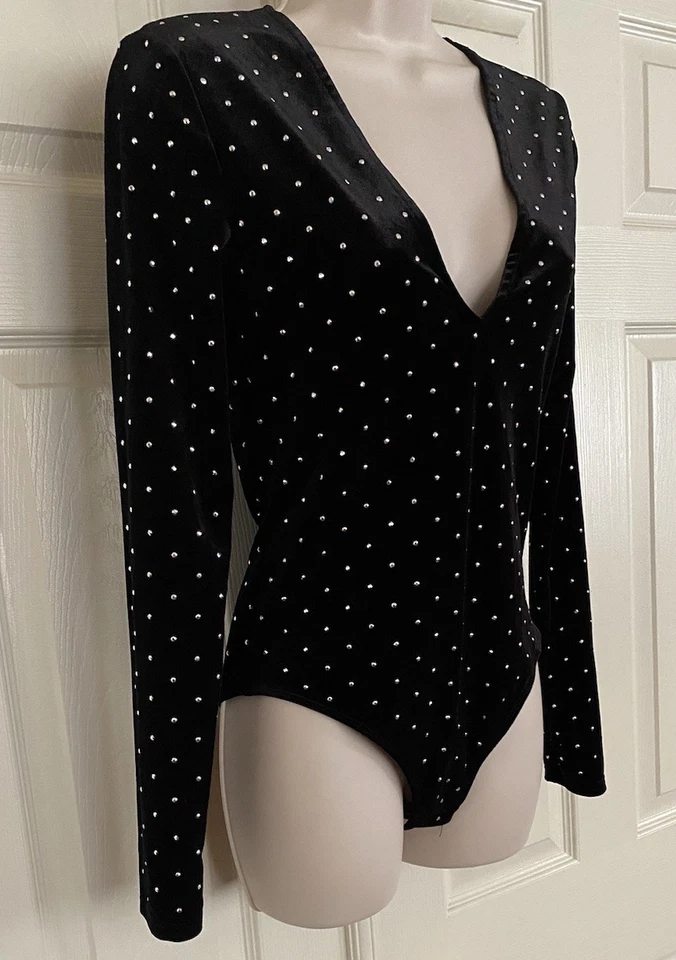 H&M ~ Sexy Body Top Negro Terciopelo Brillante Profundo Cuello en V Una Pieza Manga Larga S Foto 4 de 4