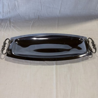 Vintage Kromex Chrome Bread Tray Brass Handles Made USA 17.5  x 6.5   MCM