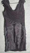 Womens Tiered Ruffle Cocktail Sheath Knee V Neck Dress Sz 14 Gray Pewter Shimmer