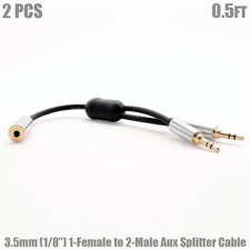 2x 0.5FT 3.5mm 1/8" Female to Dual Male Jacks Stereo Audio AUX Y-Splitter Cable