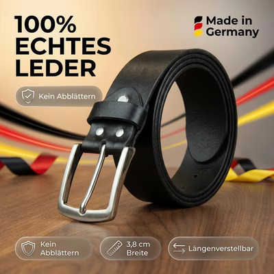 Herrengürtel aus 100 % echtem Leder, MADE IN GERMANY, 3,8 cm breiter Ledergürtel