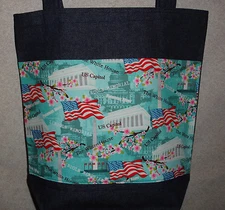 NEW Lg Handmade Patriotic Washington DC Landmarks Cherry Blossom Denim Tote Bag
