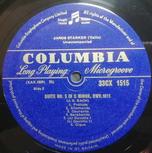 33CX 1515 Janos Starker Bach Suites Unaccompanied Cello 2 & 5 Columbia B/G ED1 - Picture 5 of 5
