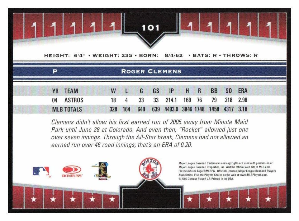 2005 Donruss Champions Impressions #101 Roger Clemens - Boston Red Sox - Image 2 of 2