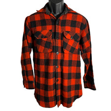 Vintage Mens 50s Wool Shirt Jacket S Red Buffalo Plaid Button Up Pockets Shacket
