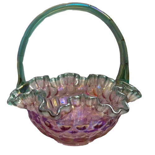 Fenton Large Basket Iridescent Opalescent Rose Magnolia And Sea Green  SIGNED