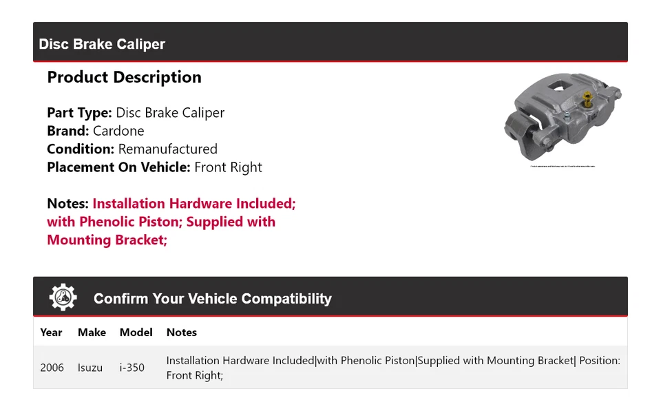 Pinza de freno de disco delantera derecha Cardone Isuzu i-350 2006 Foto 2 de 4