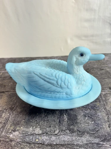 Westmoreland Blue Slag Glass DUCK Hen On Nest Candy Dish.