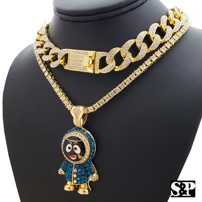 Hip Hop Eskimo Pendant w/ 18'' Full Iced Cuban & 1 ROW DIAMOND Choker Chain Set