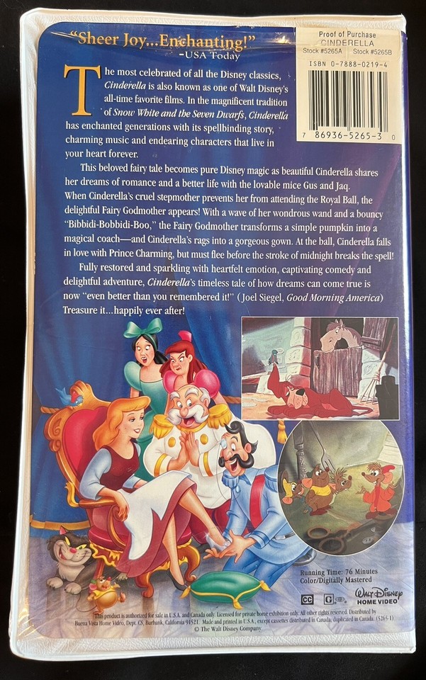 Walt Disney’s Cinderella Masterpiece Collection VHS (5265) Video Tape