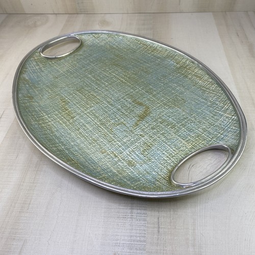 18” MARIPOSA Seafoam Green Enamel Solid Cast Aluminum Oval Serving Tray Heavy - Picture 2 of 14