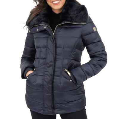 Nine West Women's Blue Puffer With Faux Fur Club Collar Jacket