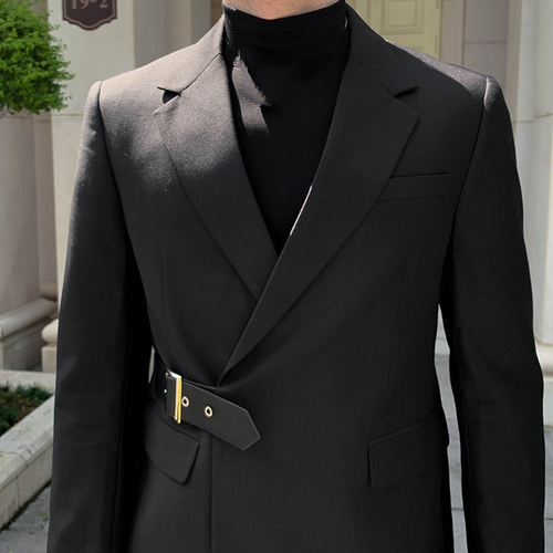 Men's Casual Jacket Black Dress Suit Blazer Slim-Fit Casual with Belt Suit Coat - Picture 8 of 9