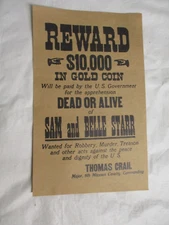 Reward Poster for Sam and Belle Starr on Parchment Paper - Repro - 14" x 8.5"