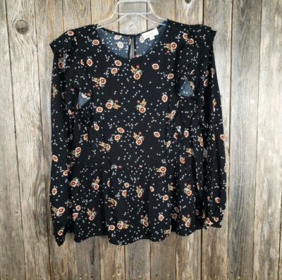 NEW Loft S Top Black Floral Ruffle Peplum Cottage Peasant Boho Whimsigoth Grunge