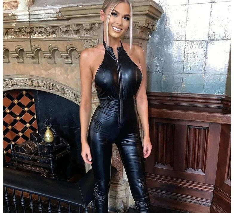 Women Genuine Black Leather Sexy Backless Jumpsuit With Halter Neck For  Clubwear