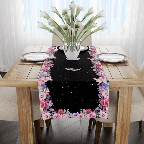 Pink Floral Black and White Table Runner Kitchen Dining Coffee Table Decoration - Picture 3 of 5