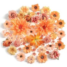 Fall Artificial Flower Heads Combo - 48pcs Orange Silk Flowers Bulk Faux Rose...