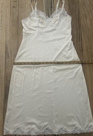 Vtg Shadowline Lingerie Dress 70s Ivory Nylon Satin Lace Trim Slip Sz 34 Pretty