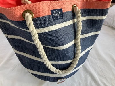 Joules Summer Beach Tote Bag Blue White Stripe Rope Handles NWT