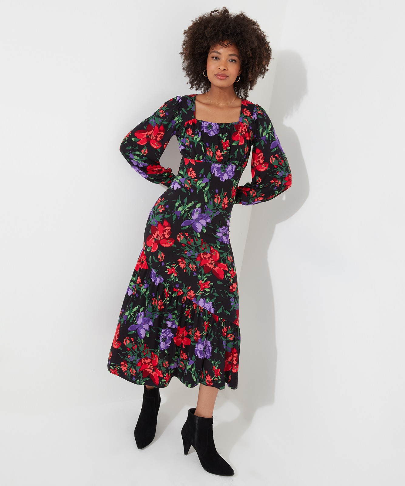 Joe Browns Women's Balloon Sleeve Gathered Floral Midi Jersey Dress, Red, 8