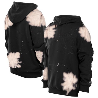 Men's New Era  Black New York Knicks Injection Bleached Out Raw Edge Hoodie