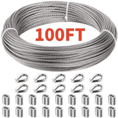 1/8'' wire cable, 100ft Wire Rope Metal Cable With Loop Sleeve And Steel Thimble