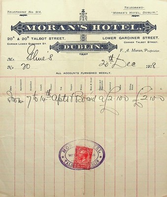 1918 Moran's Hotel Talbot Street Dublin Ireland Hotel Receipt W/Tax Stamp -E6L