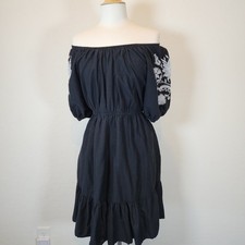 Womens Off Shoulder Dress Embroidered Black Summer Casual Ruffle Hem Mini Dress