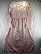 Vintage Delicates Long Night Gown Womens Small Pink Satin Embroidered Smocked