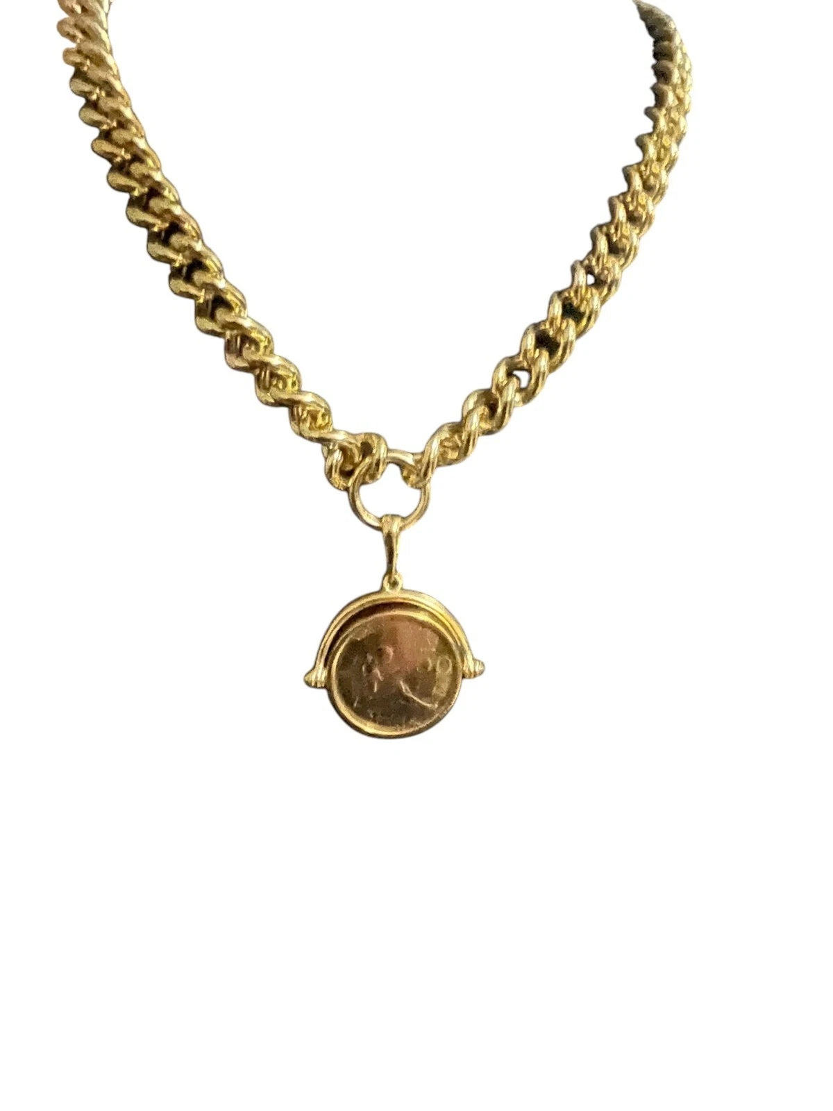 Bellezza 18" Bronze Lira Coin Flip Pendant with Curb-Link Necklace Gold-Tone - product detail image 14