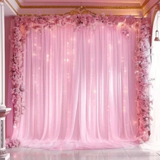 10x10 FT Pink Backdrop Curtain with Lights String for Parties Sheer Tulle