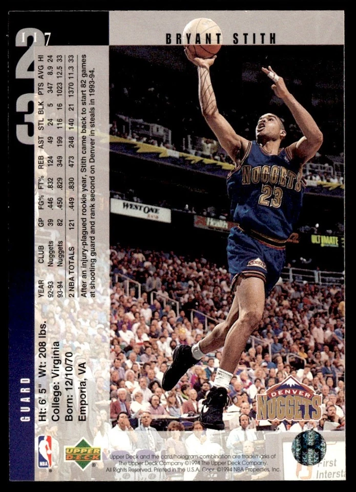 1994-95 Upper Deck Bryant Stith Denver Nuggets #117 - Image 2 of 2