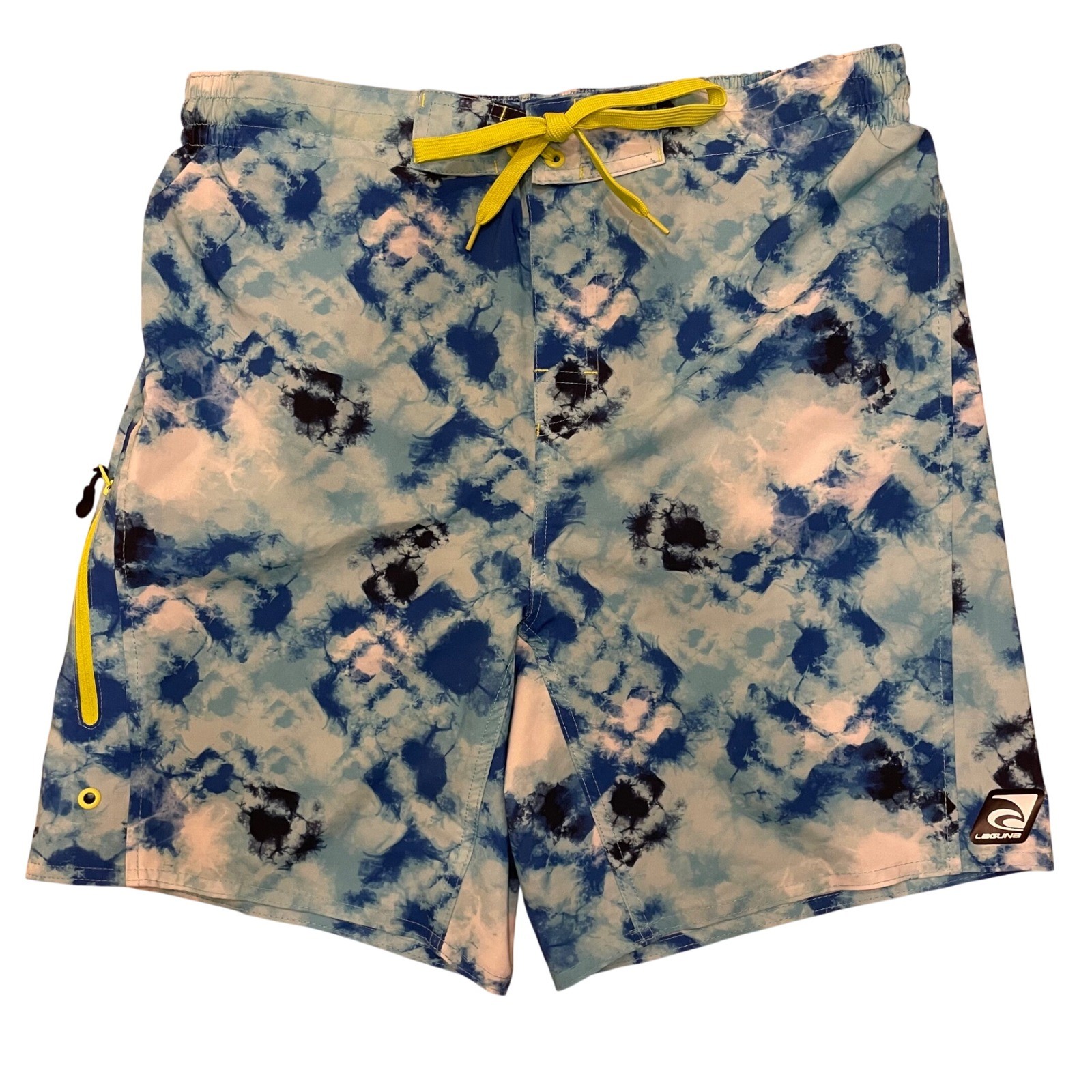 Laguna Mens Swim Trunks Shorts Blue Tie Dye Drawstring Zipper Pocket Large