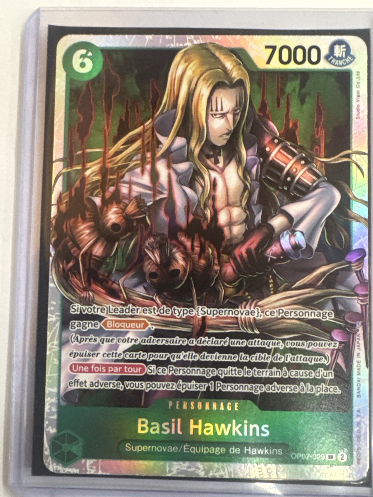 CARTE ONE PIECE BASIL HAWKINS OP07-029 SR SUPER RARE FOIL THE BEST VOL.2 FR