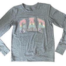 Gap fit Girls Athletic Long Sleeve Metallic Logo T-Shirt Size XL Gray Pink