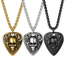 Gothic Punk Mens Cool Skull Guitar Pick Shape Pendant Stainless Steel Necklace
