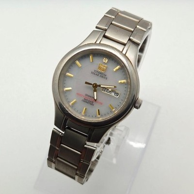 ELGIN FK-1201-C Titanium Solar Men's Watch Day Date Gray Dial Wristwatch Used